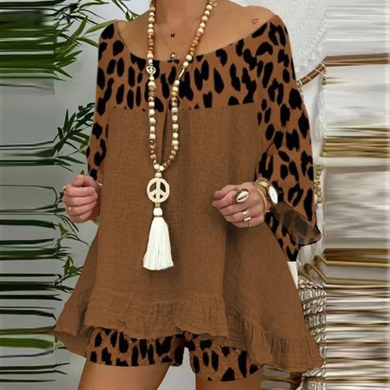 Summer Vintage Leopard Patchwork Outfits Set Cotton Linen Shirt Tops And Loose Shorts Suit Casual 3/4 Sleeve Women Two Piece Set