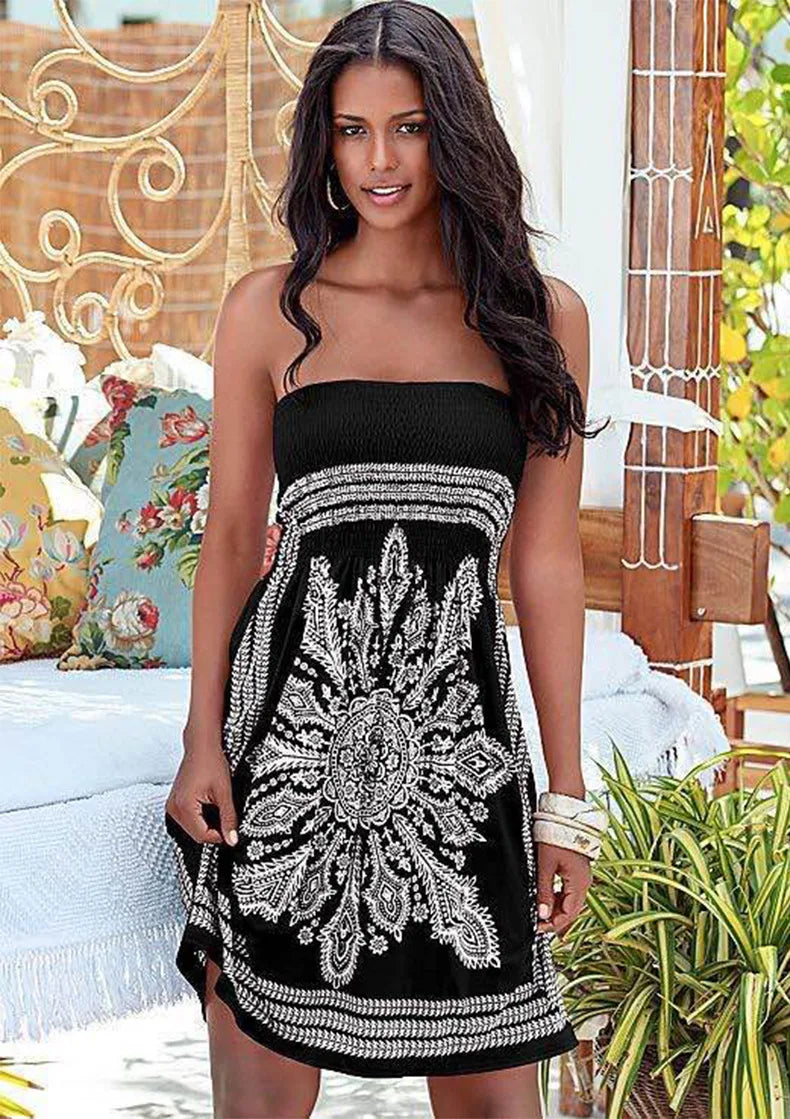 Women Dresses 2025 Spring/Summer New European Fashion Printed Sexy Strapless Dress Women's Clothing Vestidoes