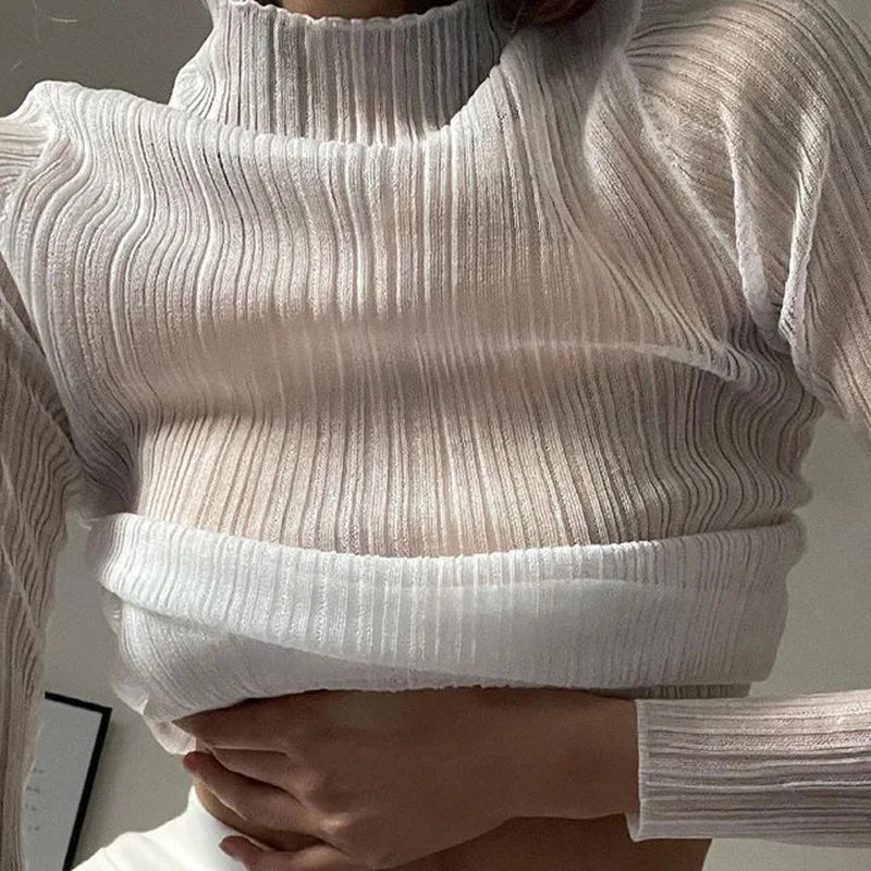 2024 Fall Elegant See Through Long Sleeve Mock Neck Women Tops Fashion Streetwear Sexy T-Shirts Tees Slim Clothes