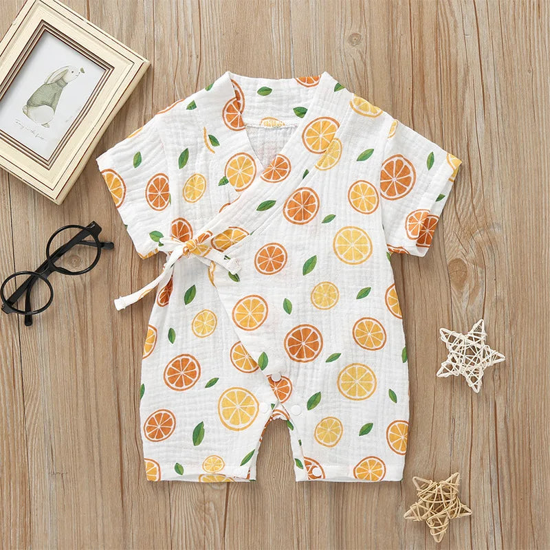 0-18M Summer Baby Girl Boys Clothing Rompers Jumpsuit Short-sleeved Floral Print Cute Soft Newborn Infant Baby Kimono Playwear