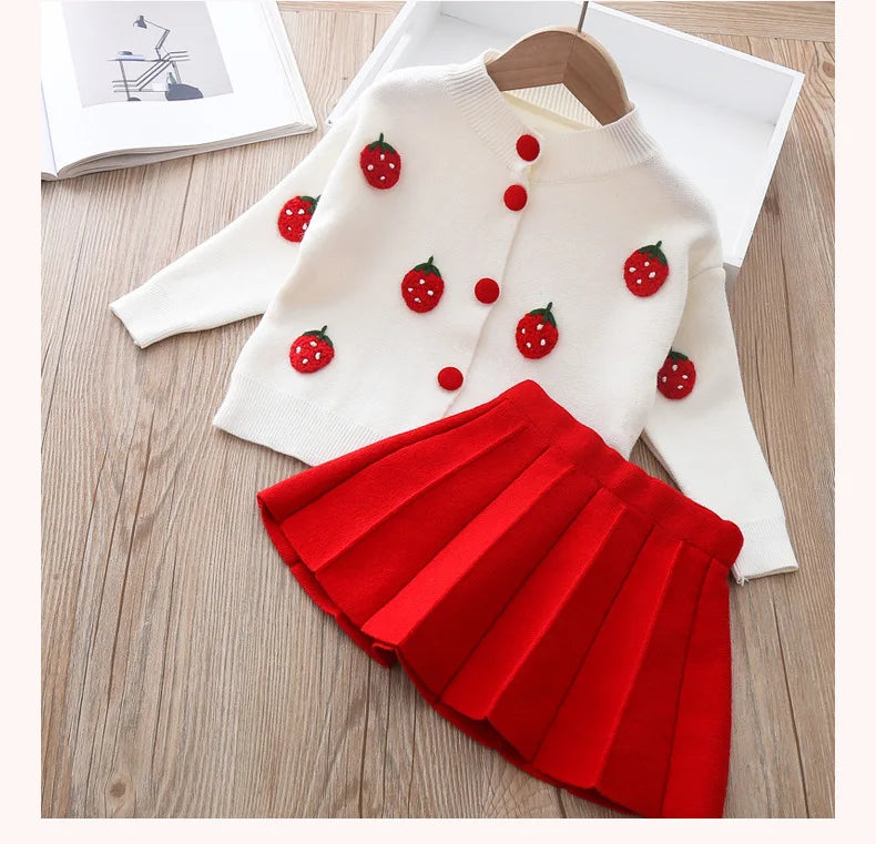 2 3 4 5 6 Years Cute Spring Autumn Girls Clothing Set Cartoon Grape Sweater Coat And Skirt 2Pcs Knitting Suit For Kids