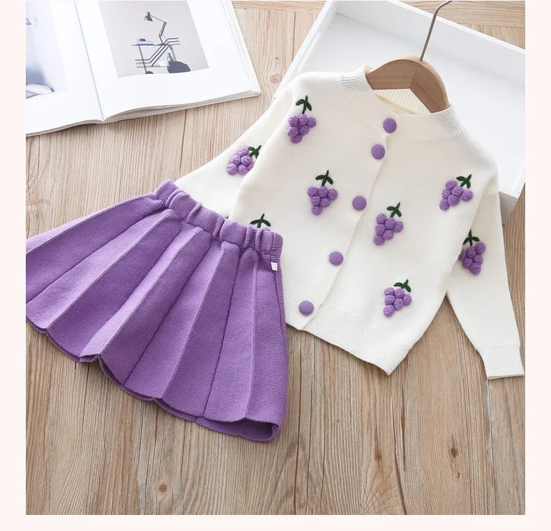 2 3 4 5 6 Years Cute Spring Autumn Girls Clothing Set Cartoon Grape Sweater Coat And Skirt 2Pcs Knitting Suit For Kids
