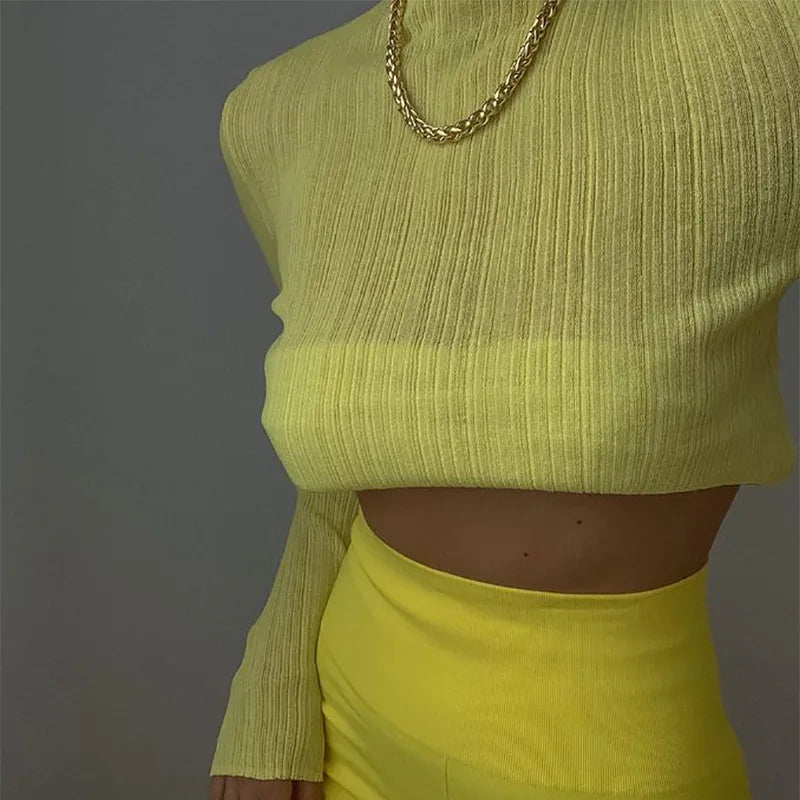 2024 Fall Elegant See Through Long Sleeve Mock Neck Women Tops Fashion Streetwear Sexy T-Shirts Tees Slim Clothes