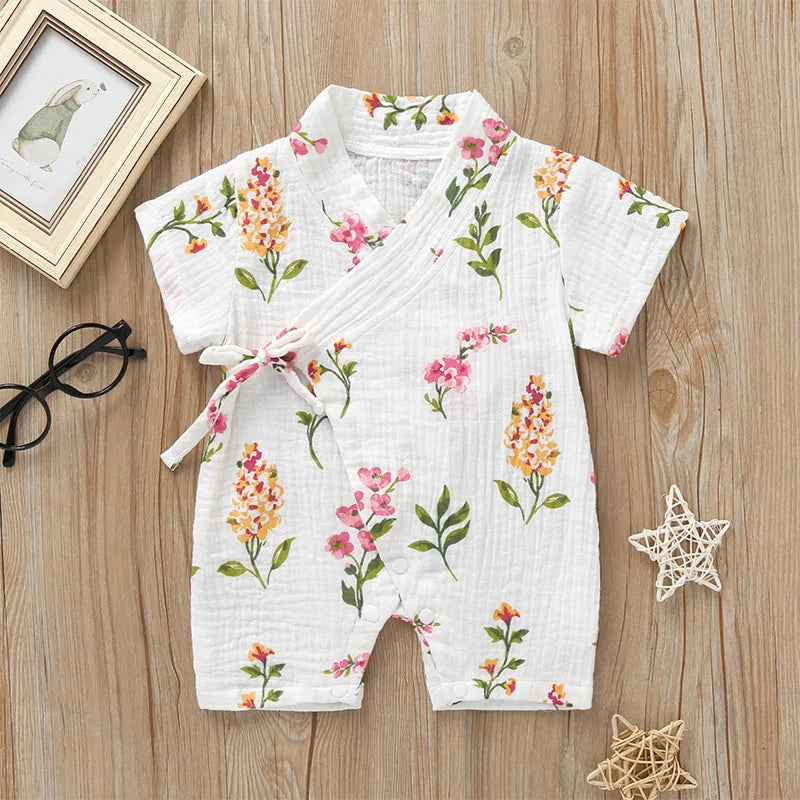 0-18M Summer Baby Girl Boys Clothing Rompers Jumpsuit Short-sleeved Floral Print Cute Soft Newborn Infant Baby Kimono Playwear