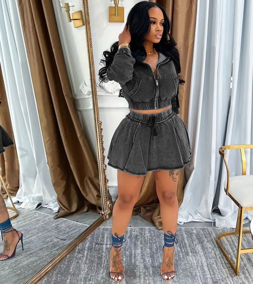 Streetwear Jeans Mini Skirt Outfits Sexy Women Elegant Two Pieces Sporty Club Matching Set Denim Hooded Top+Skirt