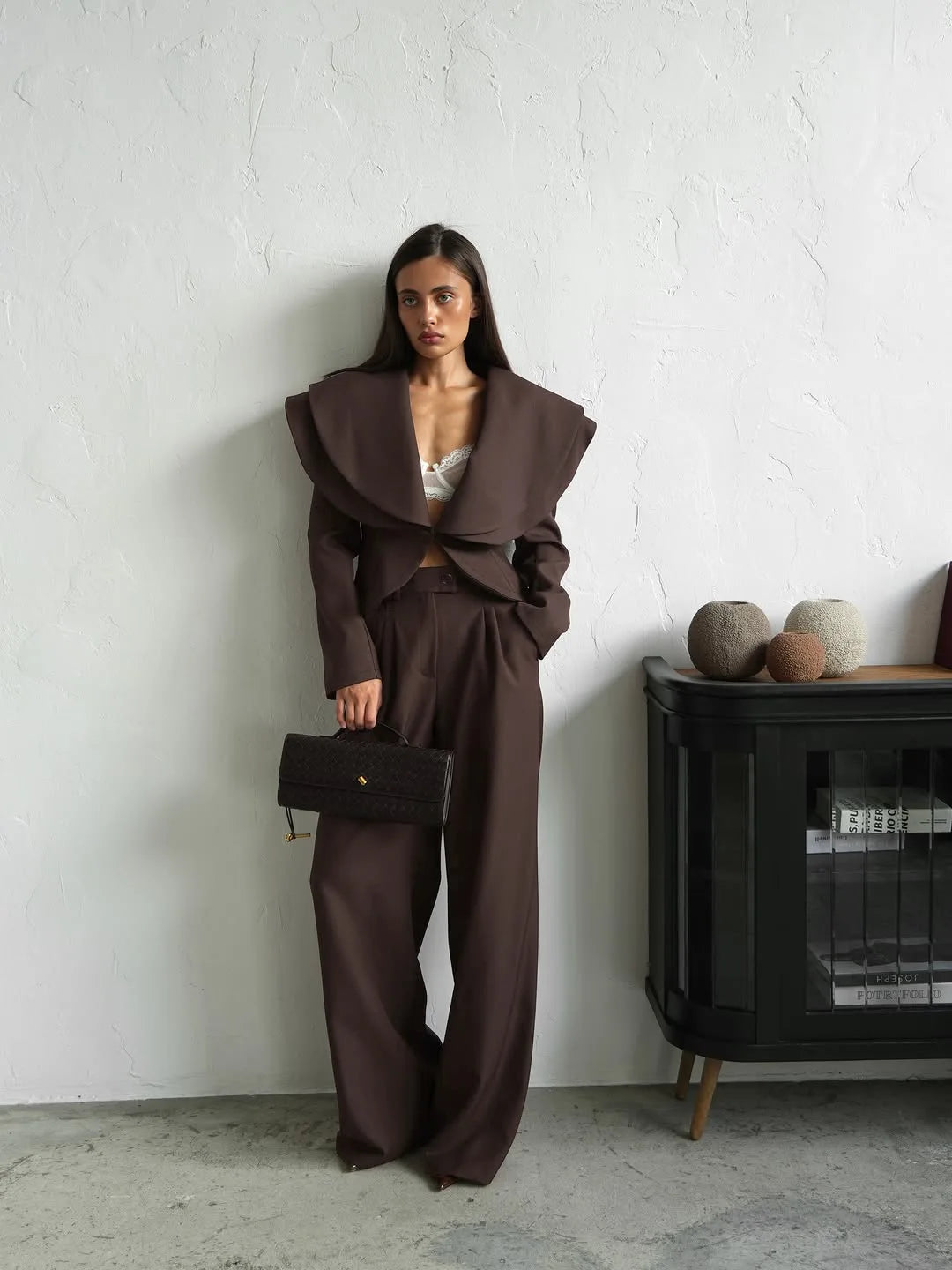 Chic Big Lapel Coat Pants Women Set Elegant Full Sleeve Single Breasted V-neck Straight Loose Trousers Solid Autumn Fashion Set