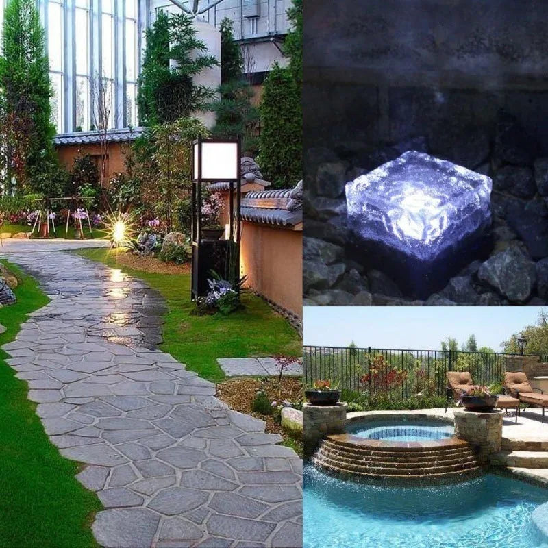 1-8PCS Garden Yard Decor Solar Ice Cube Lights Glass Brick Landscape Square Glass Outdoor Pathway Illumination Lamps
