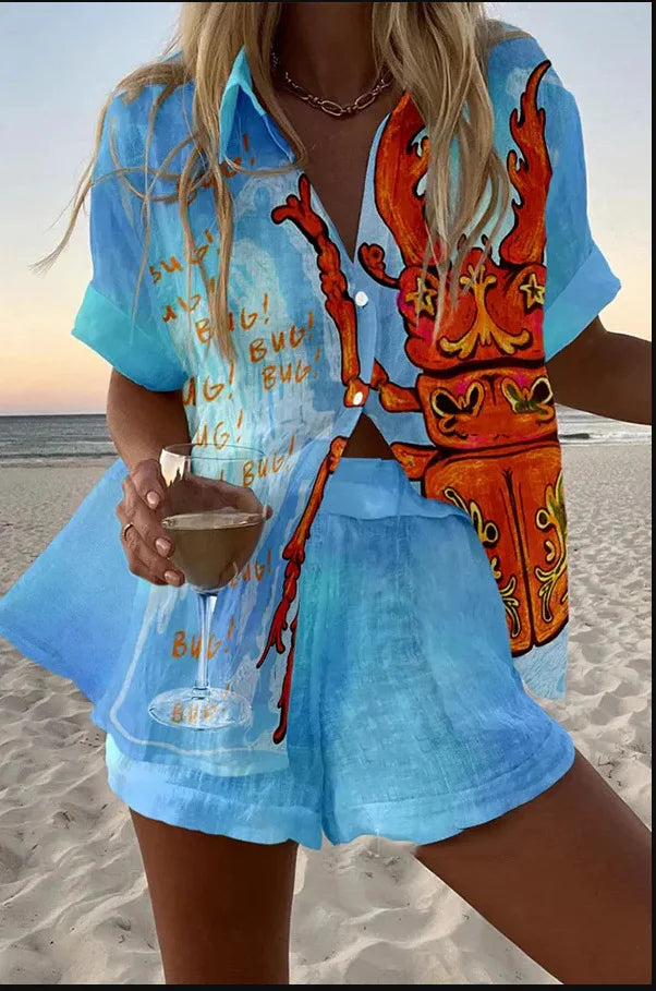 Summer New Print Beach Holiday Set For Women Fashion Short Sleeve Buttoned Shirt Wide Legs Shorts Oversized Two Piece Set