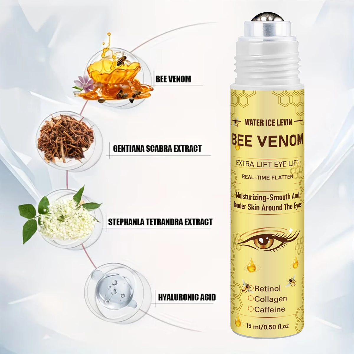 Bee Venom Roll‑on Eye Cream Retinol Collagen Caffeine Real‑Time Flatten Tightening Brightening Moisturizing Eye Treatment 15m
