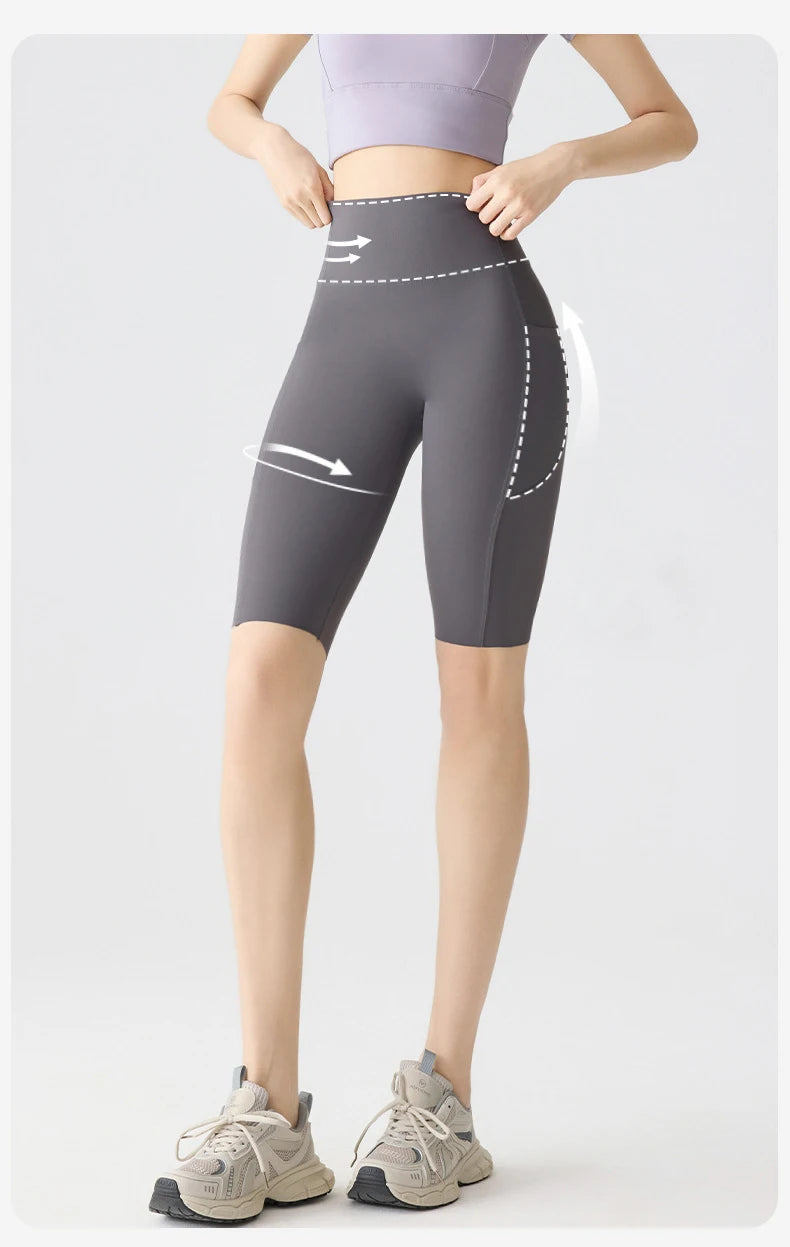 BIVIGAOS Summer Pocket Yoga Sharkskin Bicycle Shorts Women Thin High Waist Push Up Naked Feeling Sports Fitness Cycling Shorts
