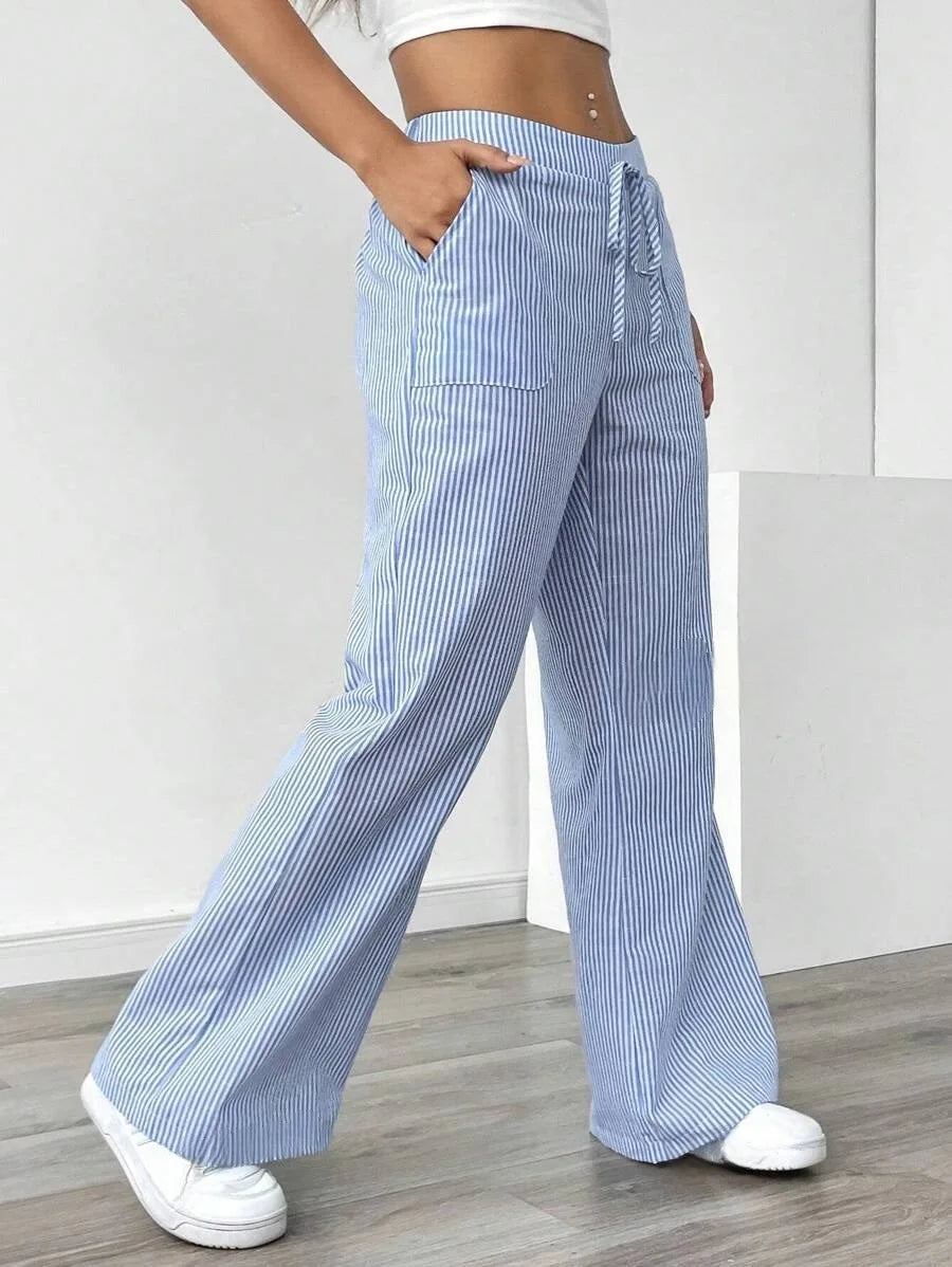 Summer Striped Wide Leg Pants Women High Waisted Drawstring Loose Fit Slimming Casual Straight Leg Harem Pants Female Trousers