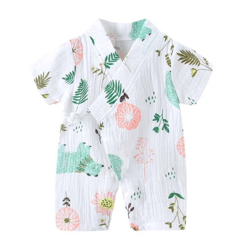 0-18M Summer Baby Girl Boys Clothing Rompers Jumpsuit Short-sleeved Floral Print Cute Soft Newborn Infant Baby Kimono Playwear