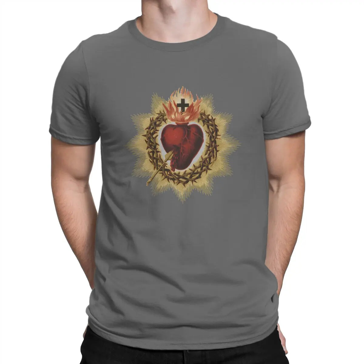 Sacred Heart Catholic T Shirt Men Cotton Vintage T-Shirt Crewneck Jesus God Cross Tee Shirt Short Sleeve Clothing Gift Idea