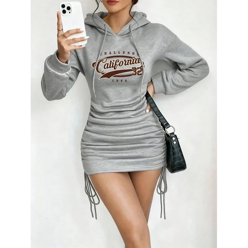 Women's Casual Long Sleeve Hooded Dress Solid Color Pattern Short Outdoor Wear for Daily Use