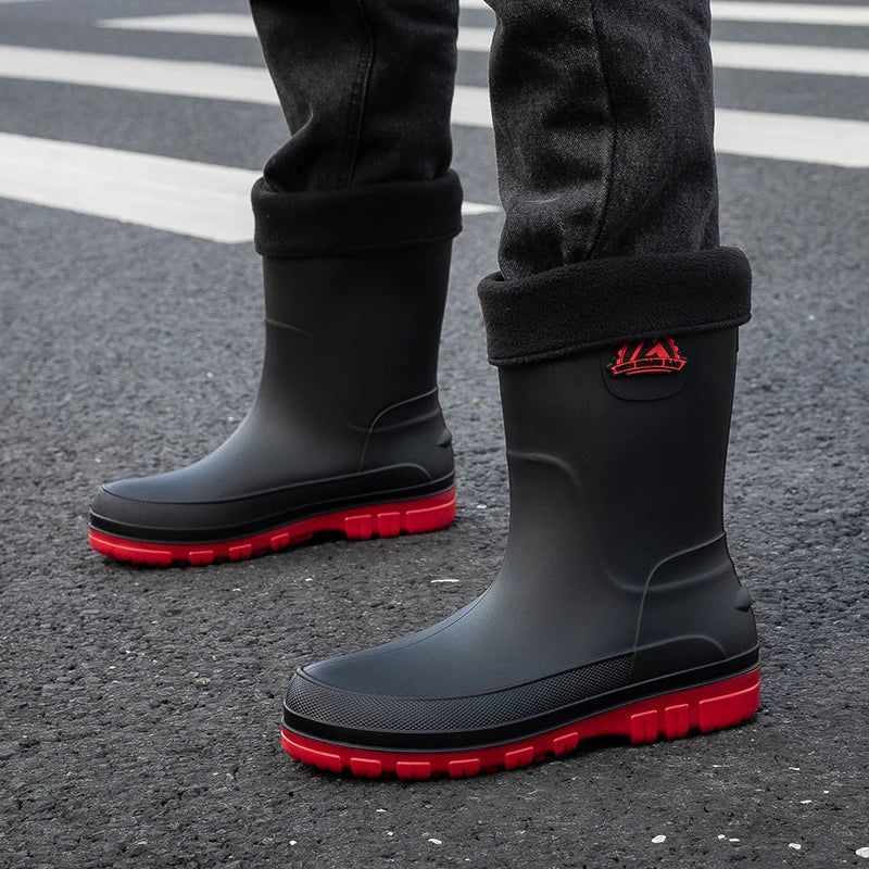 Men's Winter Fleece Lined Mid-Calf Rain Boots Anti-Slip Waterproof Work Rubber Boots Car Wash Fishing Outdoor Wear Water Shoes