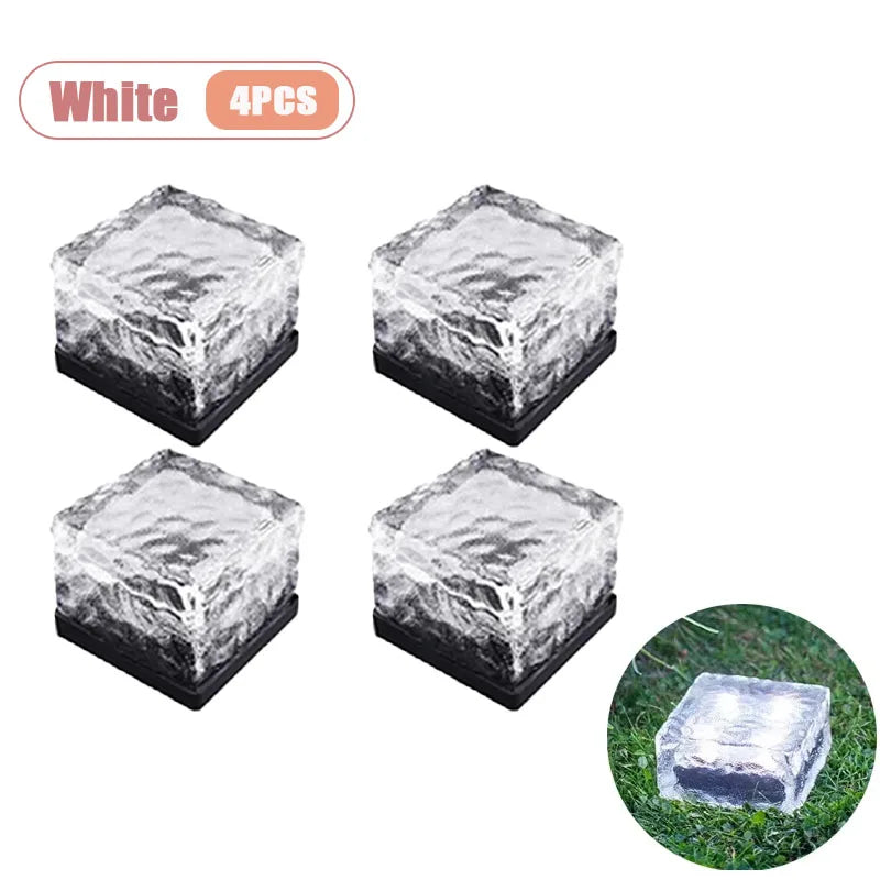 1-8PCS Garden Yard Decor Solar Ice Cube Lights Glass Brick Landscape Square Glass Outdoor Pathway Illumination Lamps