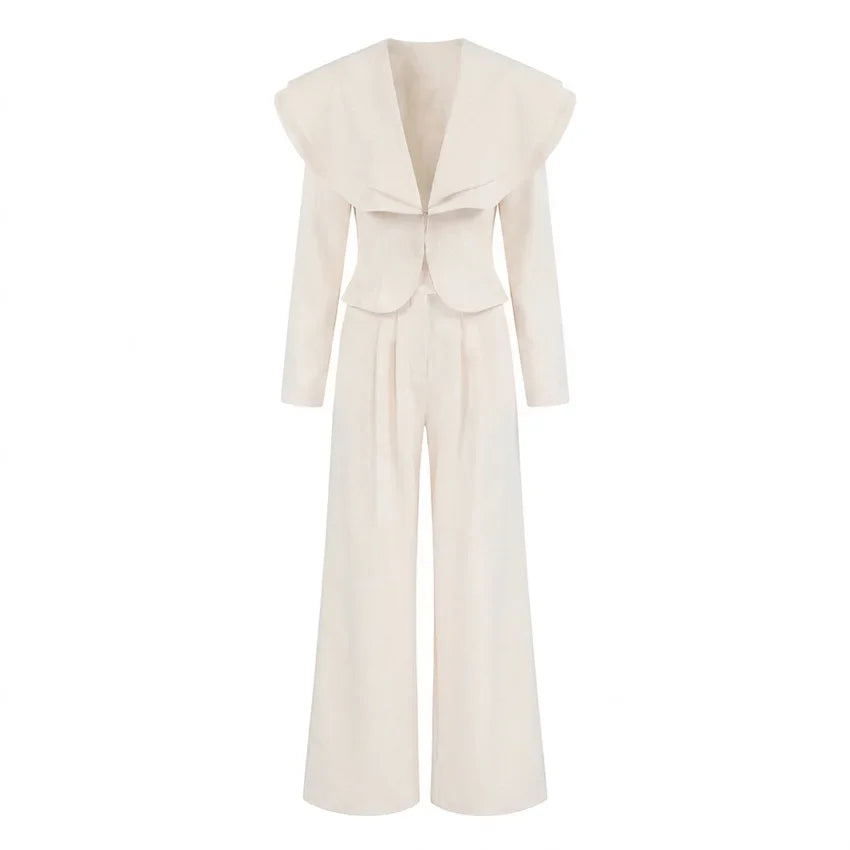 Chic Big Lapel Coat Pants Women Set Elegant Full Sleeve Single Breasted V-neck Straight Loose Trousers Solid Autumn Fashion Set