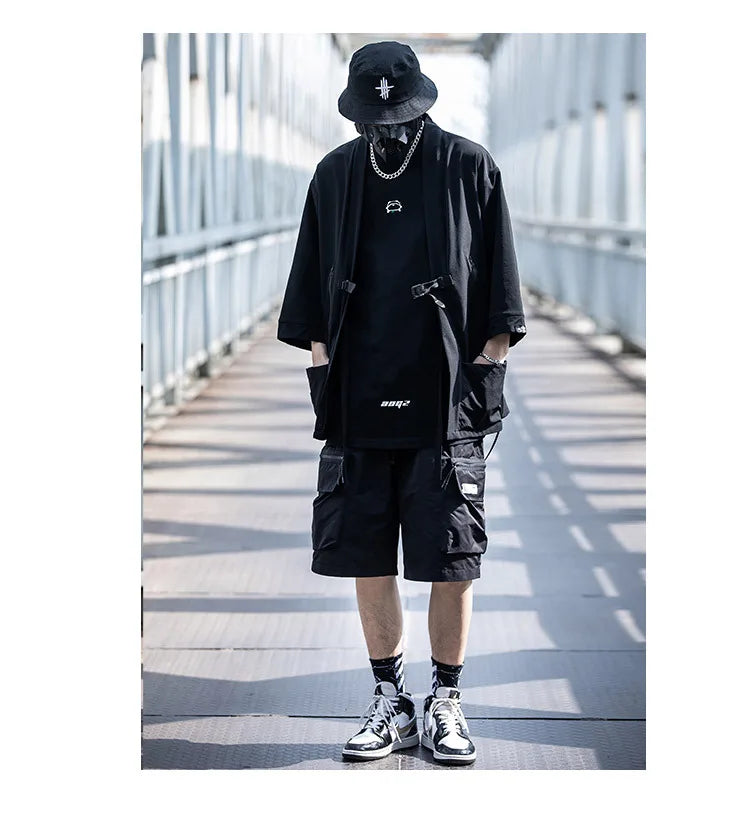 2023 Ribbon Hip Hop Punk Techwear Kimono Oversized Shirts Mens Japan Style Harajuku Casual Cargo Shirt Cloak