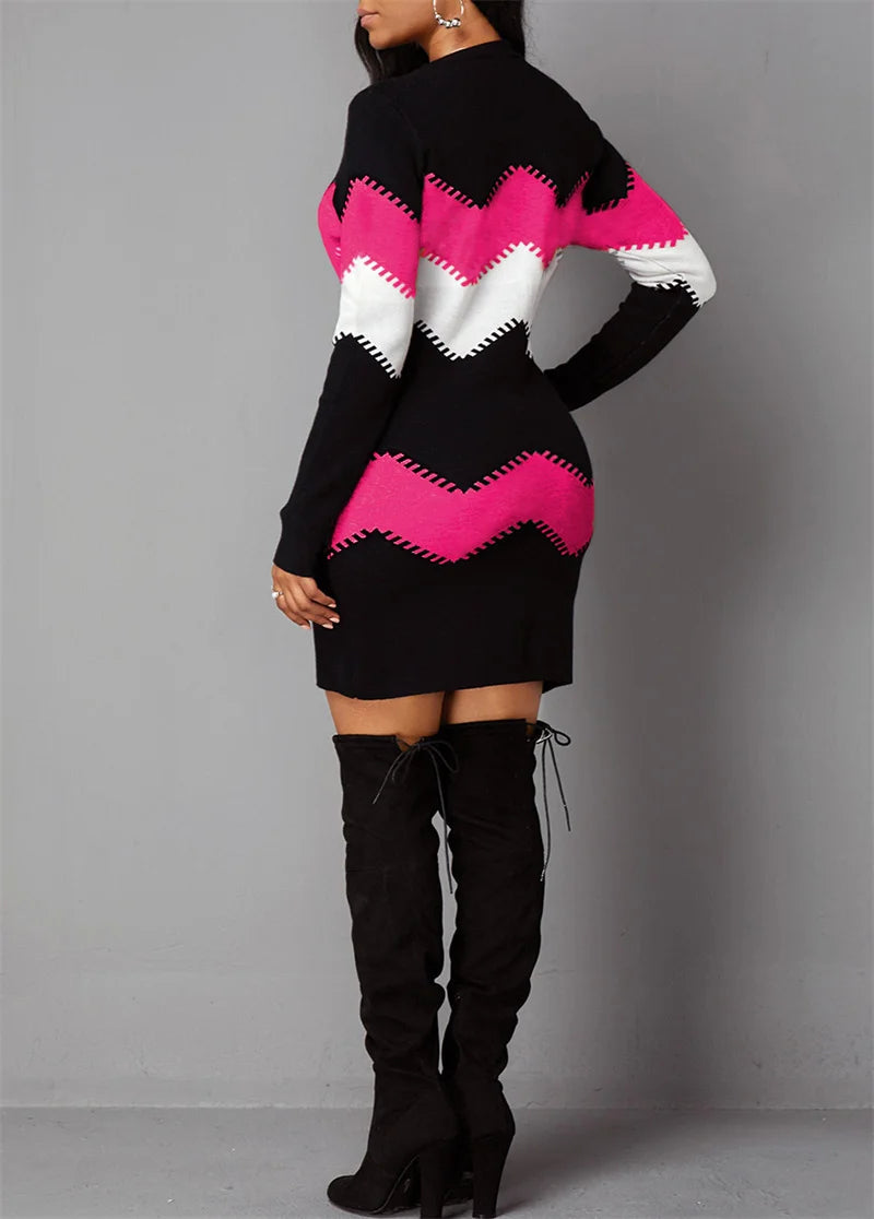 2025 Autumn Women's French Velvet Mini Dress Elegant Colour Blocking Casual Streetwear Femme Casual Slim Fit Pullover Dresses