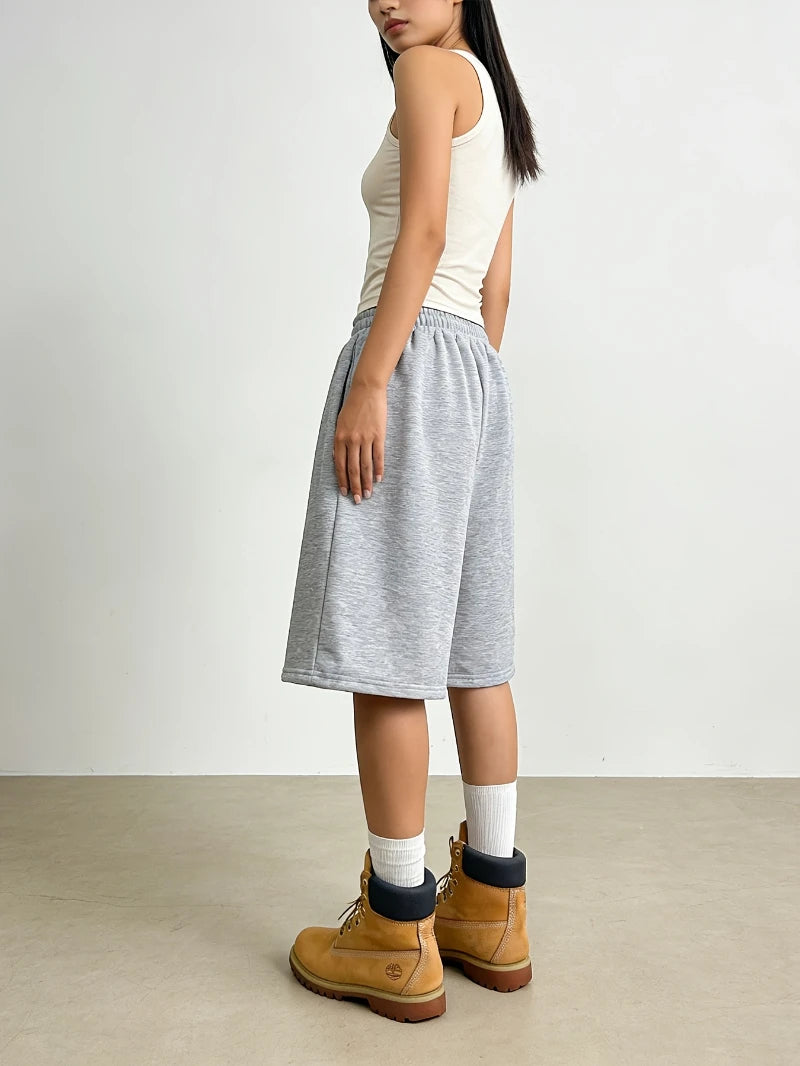 Women's Casual Sports Shorts, Elastic Waist, Wide Leg, Straight Leg, Five-Point Shorts, Loose Fit, Drawstring short pants women