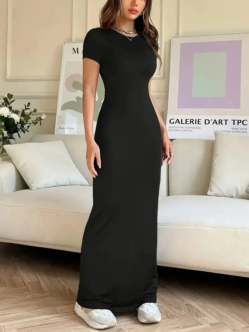 Sexy Slim Fit Short Sleeve round Neck Dress Pure Color Long Dress for Women LinJ2026 Casual European Style mid Waist Skirt