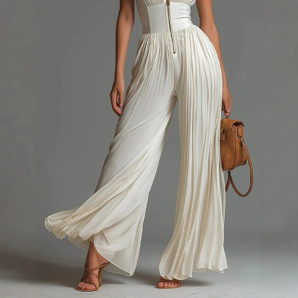2026 White Pleated Neck Jumpsuit Women's Long Wide-leg Fashion Sexy Pleated Jumpsuits Sexy Slim Fits Sleeveless Rompers Y2K