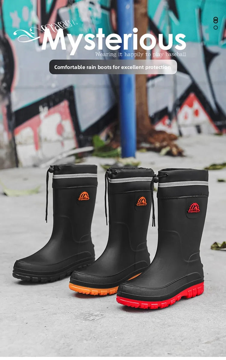 Men's Winter Fleece Lined Mid-Calf Rain Boots Anti-Slip Waterproof Work Rubber Boots Car Wash Fishing Outdoor Wear Water Shoes