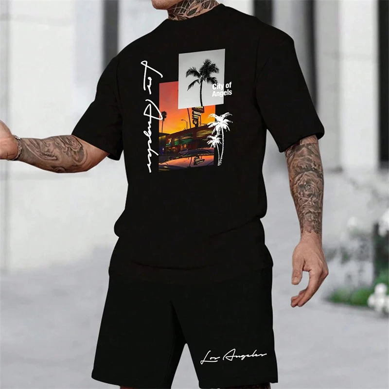 Summer New Men's Short-sleeved Hawaiian Print Two-piece Beach Vacation Breathable Short-sleeved With Drawstring Loose Shorts