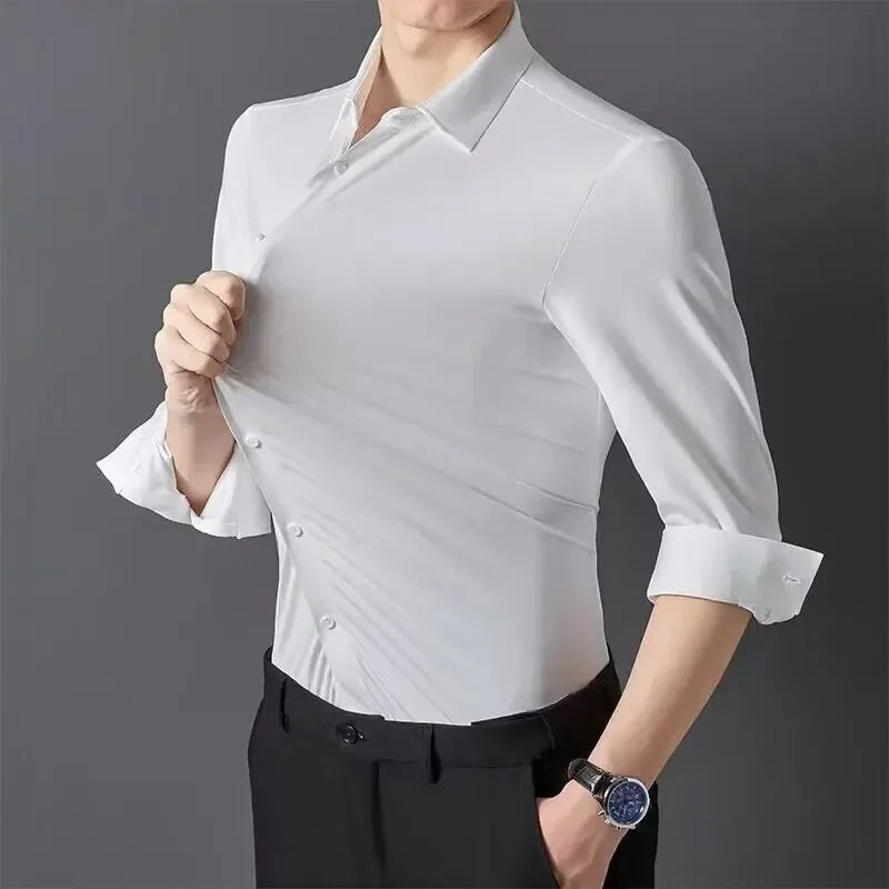 Seamless Anti-wrinkle Business Silky High Elastic Spandex Men's Long-sleeved Shirt Formal Social Non-iron Solid Color Casual