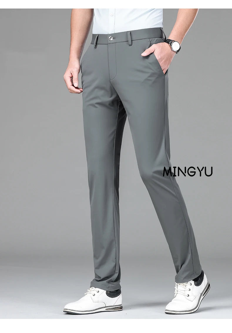High Stretch Fabric Summer Thin Ice Silk Business Pants Men Elastic Waist Classic Work Office Formal Suit Trousers Plus Size 40