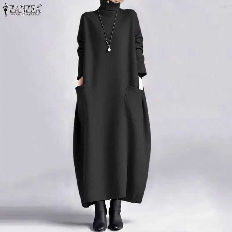 ZANZEA Fashion Sweatshirt Dress Women Casual Turtleneck Long Sleeve Solid A-Line Midi Dresses for Woman FW 2025 Cozy Warm Robes