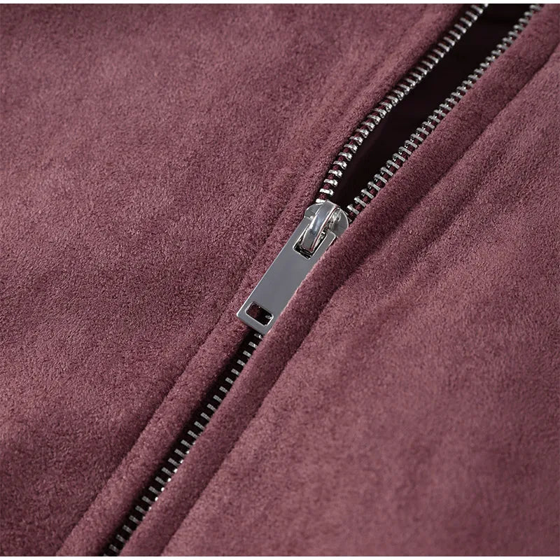 Women Dusty Faux Suede Bomber Jacket Stand Collar Zip Up Loose Drop Shoulder Elastic Hem Casual Fall Outerwear 2026 Fashion Coat