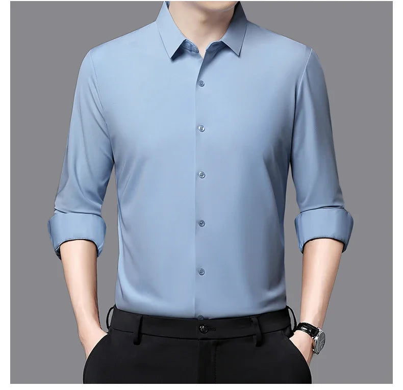 Seamless Anti-wrinkle Business Silky High Elastic Spandex Men's Long-sleeved Shirt Formal Social Non-iron Solid Color Casual