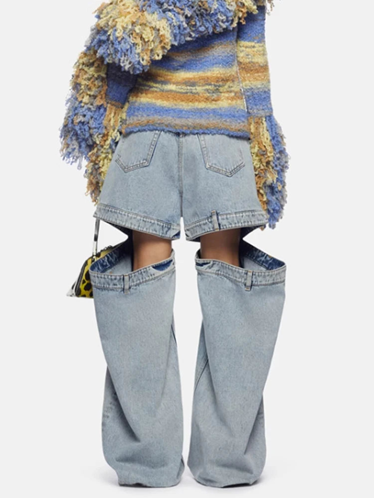 Fashion Women's Denim Pants Loose Waist Zip Hollow Out Solid Color Wide-leg Floor-length Jeans Autumn 2023 New Tide