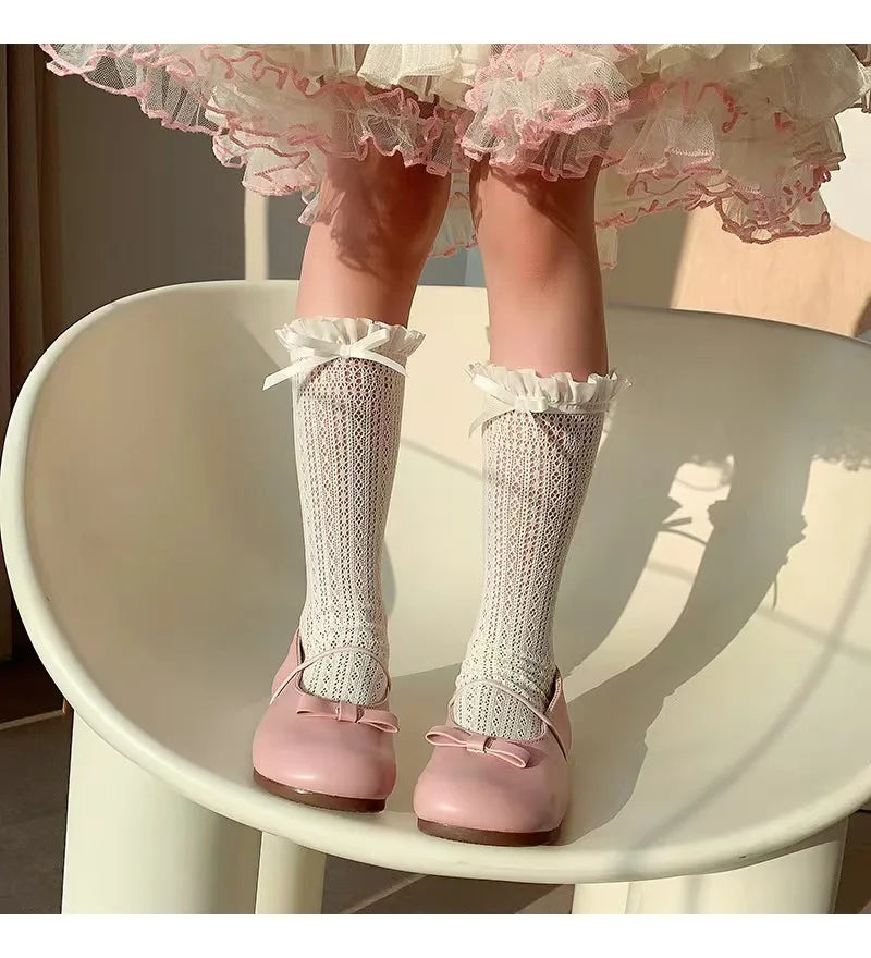 Girls Long Tube Lace Stockings Sweet Bow Jacquard Pattern Mesh Sock Baby Girl Ballet Fishing Net Frilly Socks Lolita Leggings