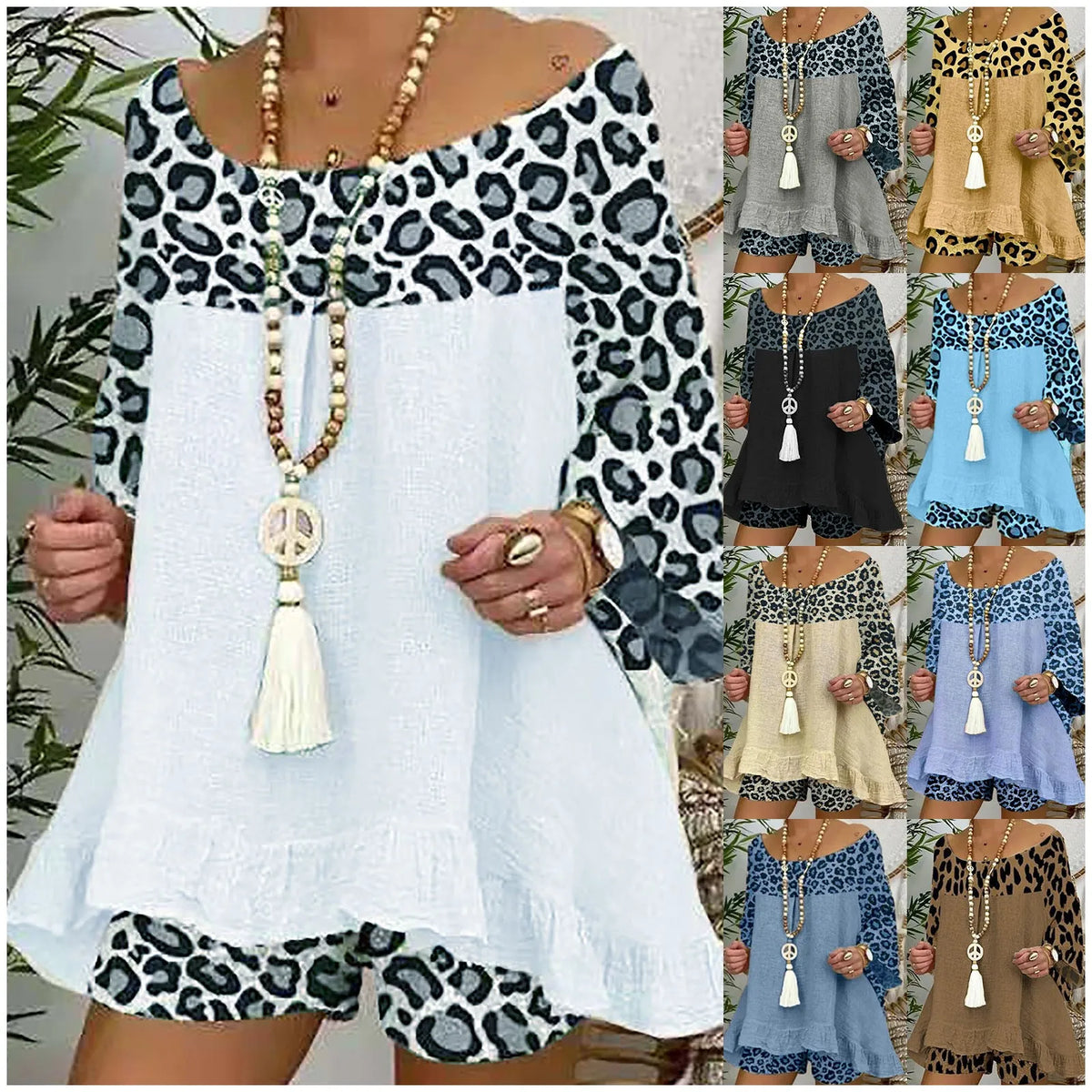 Summer Vintage Leopard Patchwork Outfits Set Cotton Linen Shirt Tops And Loose Shorts Suit Casual 3/4 Sleeve Women Two Piece Set