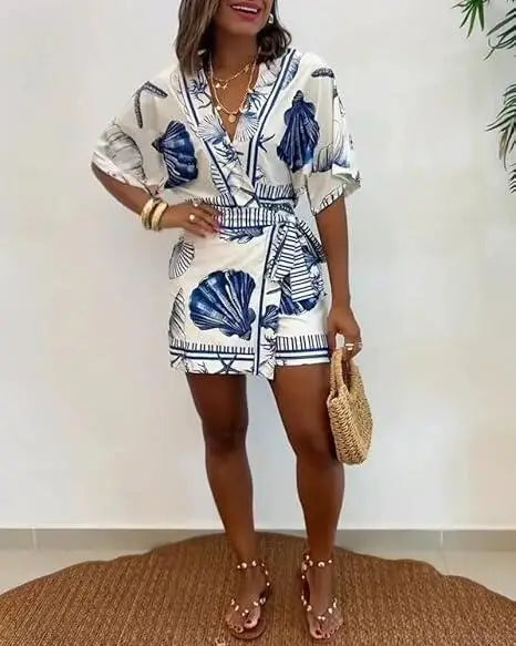 Fashion Printed Short Sleeve Women's V-neck Slim Fit Jumpsuit Summer New Casual Bohemian Female Vacation Lace Up Rompers 2026