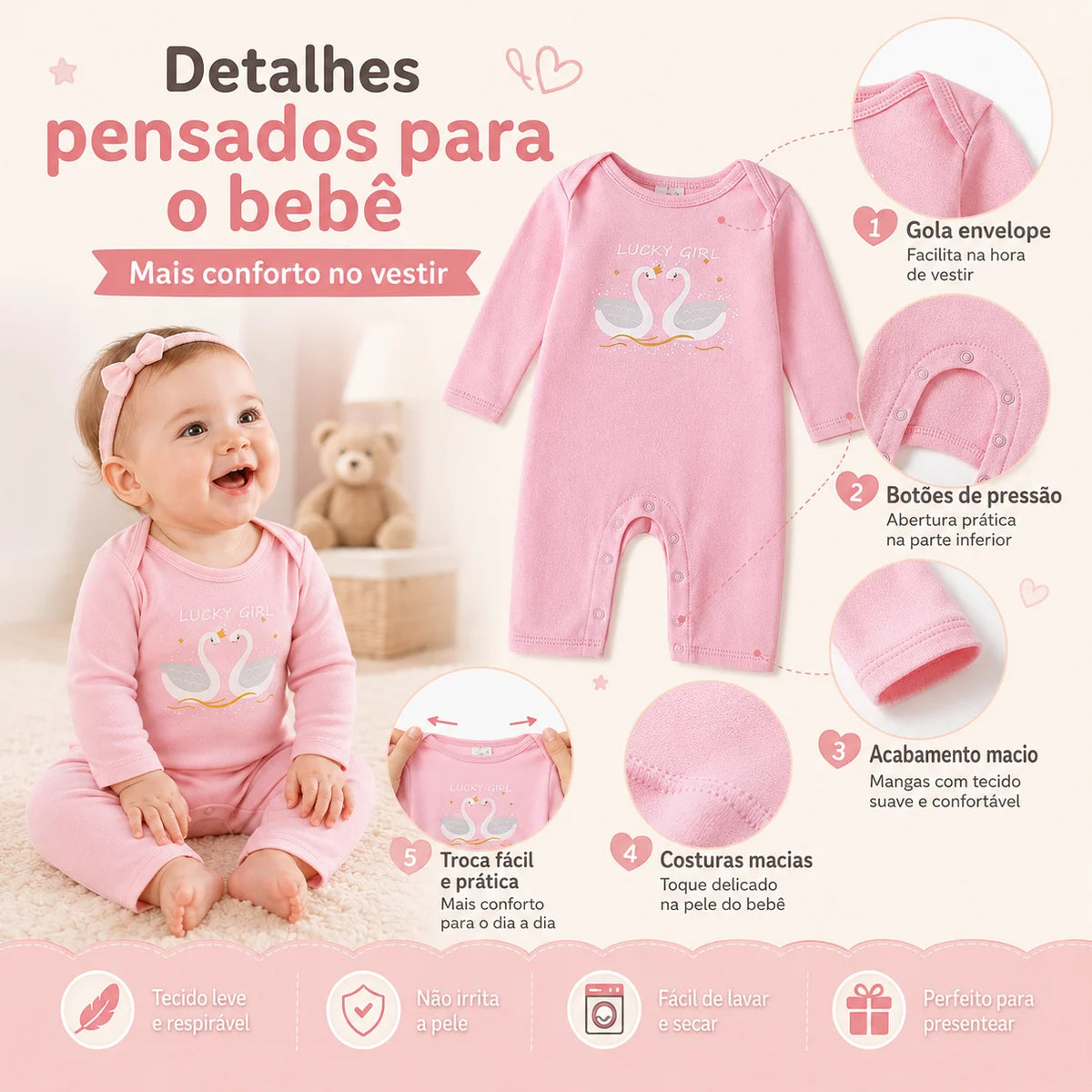 Kit 3 Baby Rompers Long Sleeve Footless Printed Infant Boy Girl Clothes