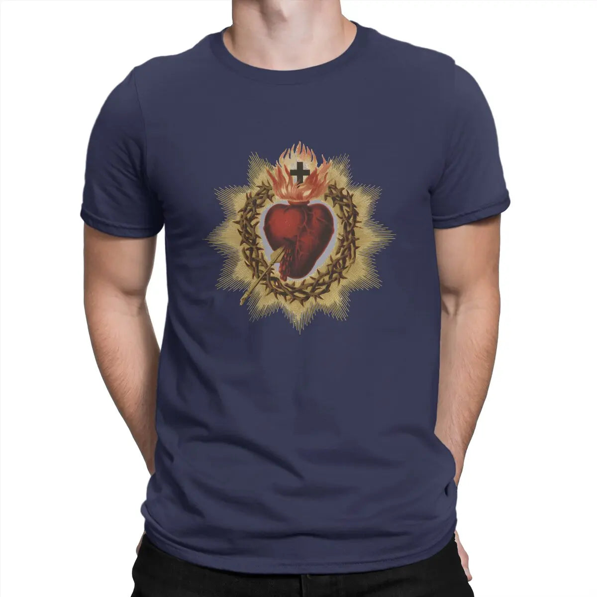 Sacred Heart Catholic T Shirt Men Cotton Vintage T-Shirt Crewneck Jesus God Cross Tee Shirt Short Sleeve Clothing Gift Idea