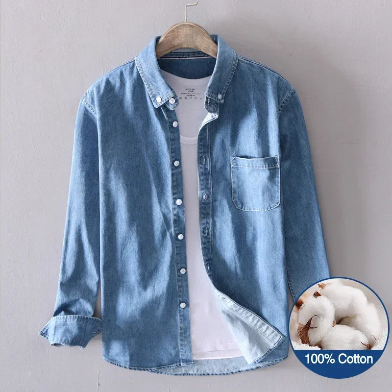 100% Cotton Autumn New Long-sleeved Denim Shirt Men Fashion Casual High Street Male Clothes Top Classic Light Blue Black Gray