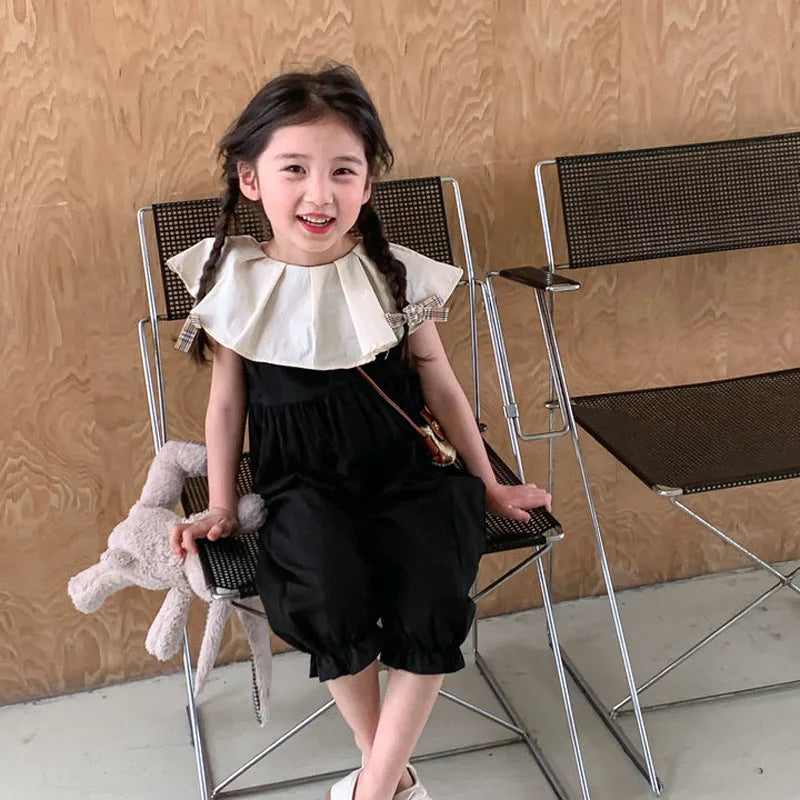 Girls' Jumpsuit with Ruffle Collar and Loose Leg Detachable Rompers Summer Outfits New Fashionable Casual Children's Clothing