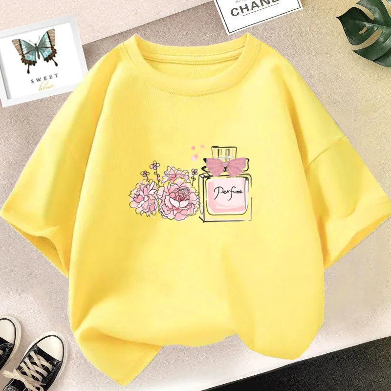 Girl Cute Rabbit Graphic Tshirt Short Sleeve Cotton T-Shirts For Baby Girl Cute Pink Color T-Shirts Children Summer Clothing