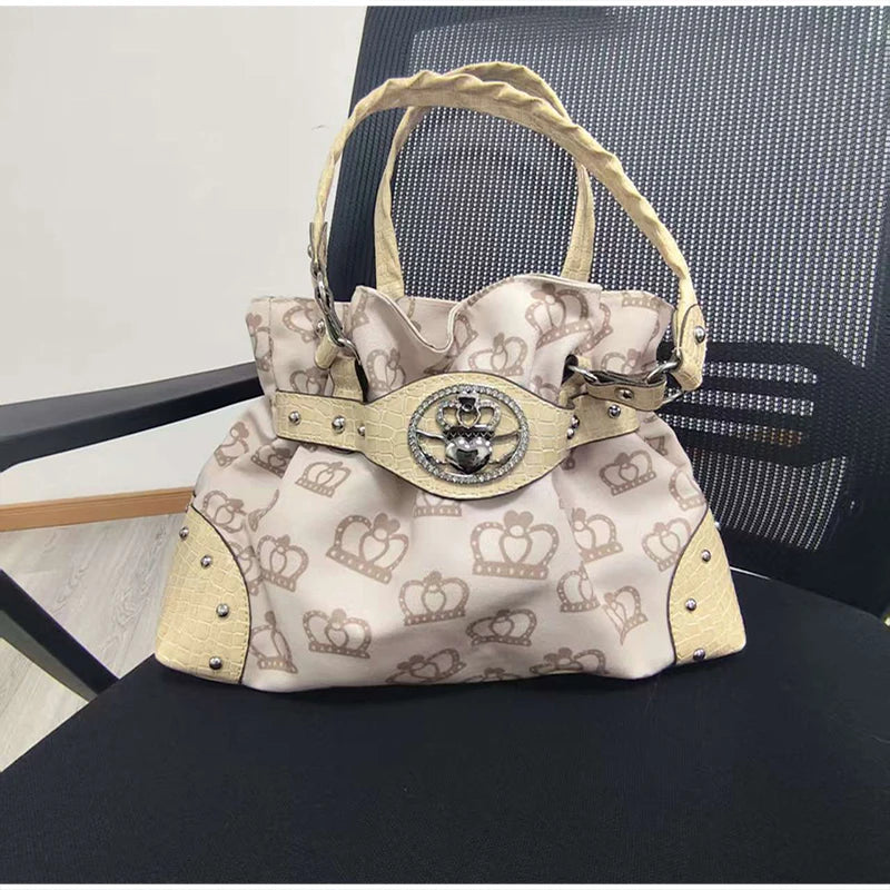 Luxury Women Rivet Handbag,Y2k Girls Metal Studded Underarm Shoulder Bag,Niche Belt Buckle Commuter Chic East-West Tote Bag