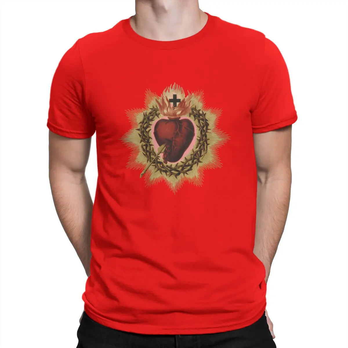 Sacred Heart Catholic T Shirt Men Cotton Vintage T-Shirt Crewneck Jesus God Cross Tee Shirt Short Sleeve Clothing Gift Idea