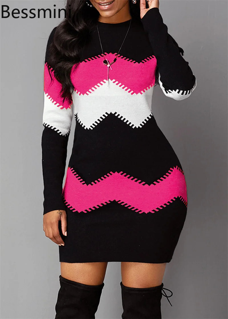 2025 Autumn Women's French Velvet Mini Dress Elegant Colour Blocking Casual Streetwear Femme Casual Slim Fit Pullover Dresses