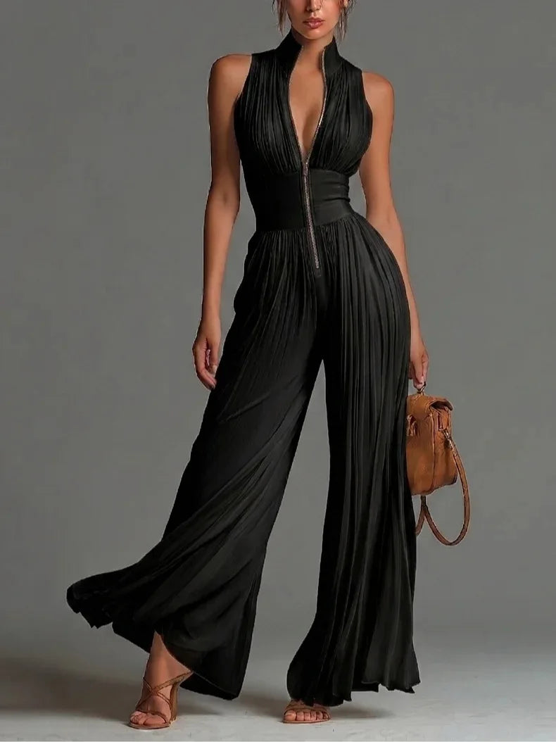2026 White Pleated Neck Jumpsuit Women's Long Wide-leg Fashion Sexy Pleated Jumpsuits Sexy Slim Fits Sleeveless Rompers Y2K