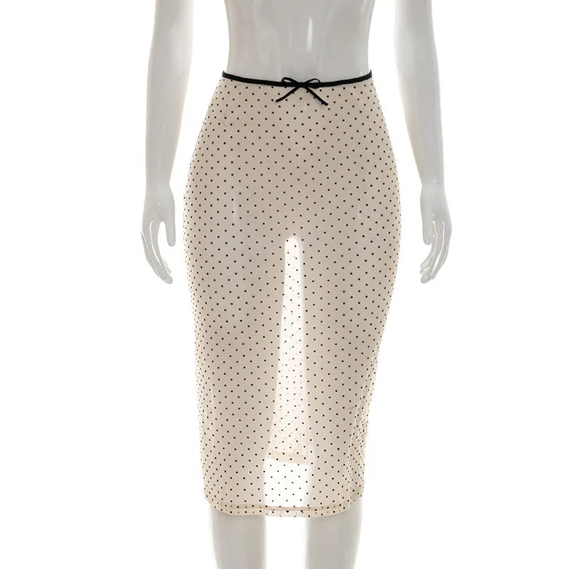 Summer Women Polka Dot Perspective Mesh Skirt Sexy High Waist Sheer See Through Midi Skirt Fashion Elegant Half Dress