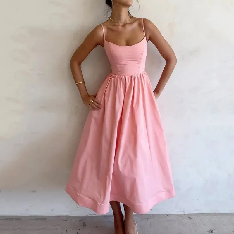 Summer U-neck Casual Female Vintage Elegant Spaghetti Strap Dress Women Elegant Solid Sleeveless A-line Midi Women's Dresses