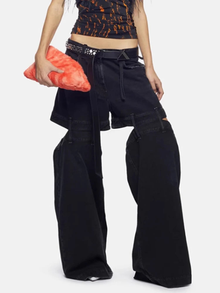 Fashion Women's Denim Pants Loose Waist Zip Hollow Out Solid Color Wide-leg Floor-length Jeans Autumn 2023 New Tide