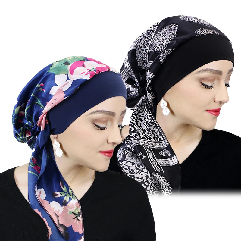 Printed Pre-tie Headscarf Women Elastic Muslim Female Turban Cancer Chemo Hat Hair Loss Cover Head Wrap Headwear Stretch Bandana